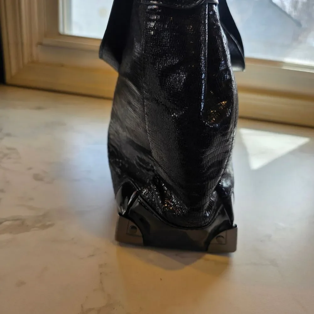 BCBGeneration Black Patent-Look Tote with Turn-Lock Detail